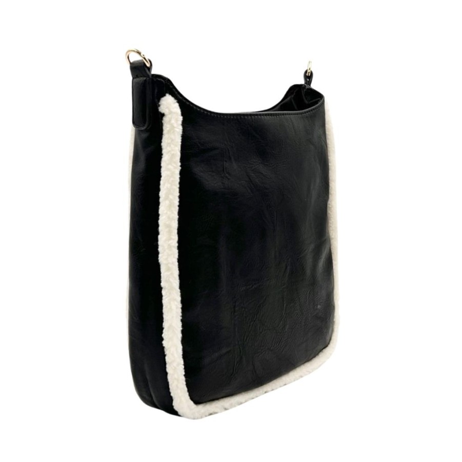 Bags AHDORNED | Black Vegan Crossbody | Sherpa Trim W/ Shoulder Strap