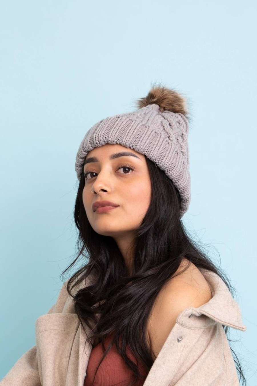 Accessories Leto Accessories | Cable Knit Beanie With Faux Fur Pom