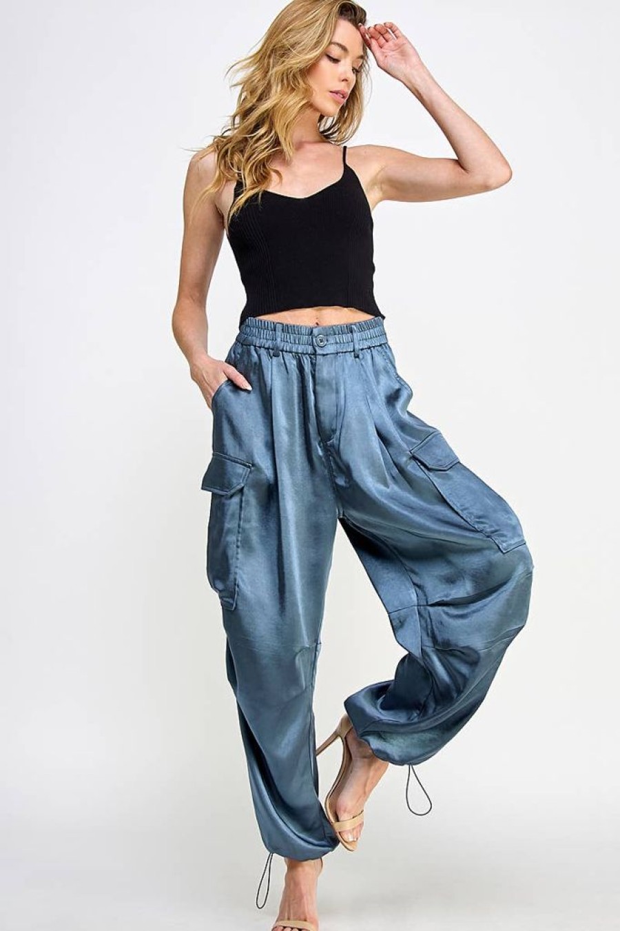 Bottoms Sweet Lemon | Steel Blue Silky Cargo Pants