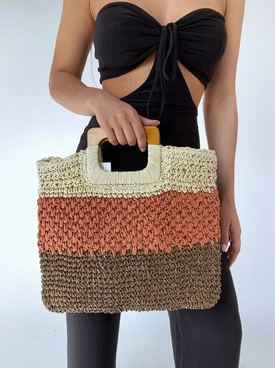 Bags Collections by Fame Accessories | Three Tone Straw Braided Tote Bag