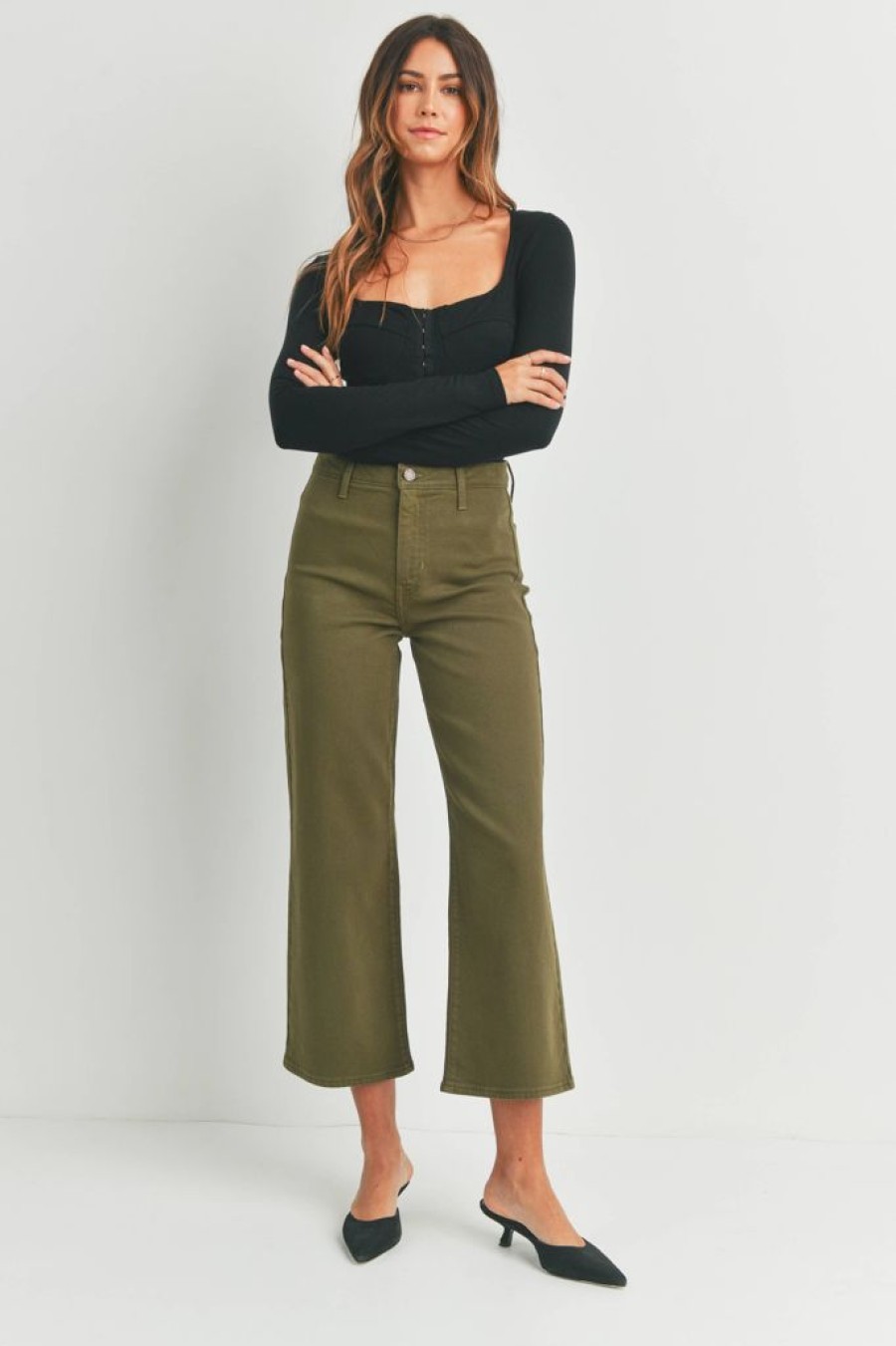 Bottoms JUST BLACK DENIM | Dark Olive Wide Leg Trouser