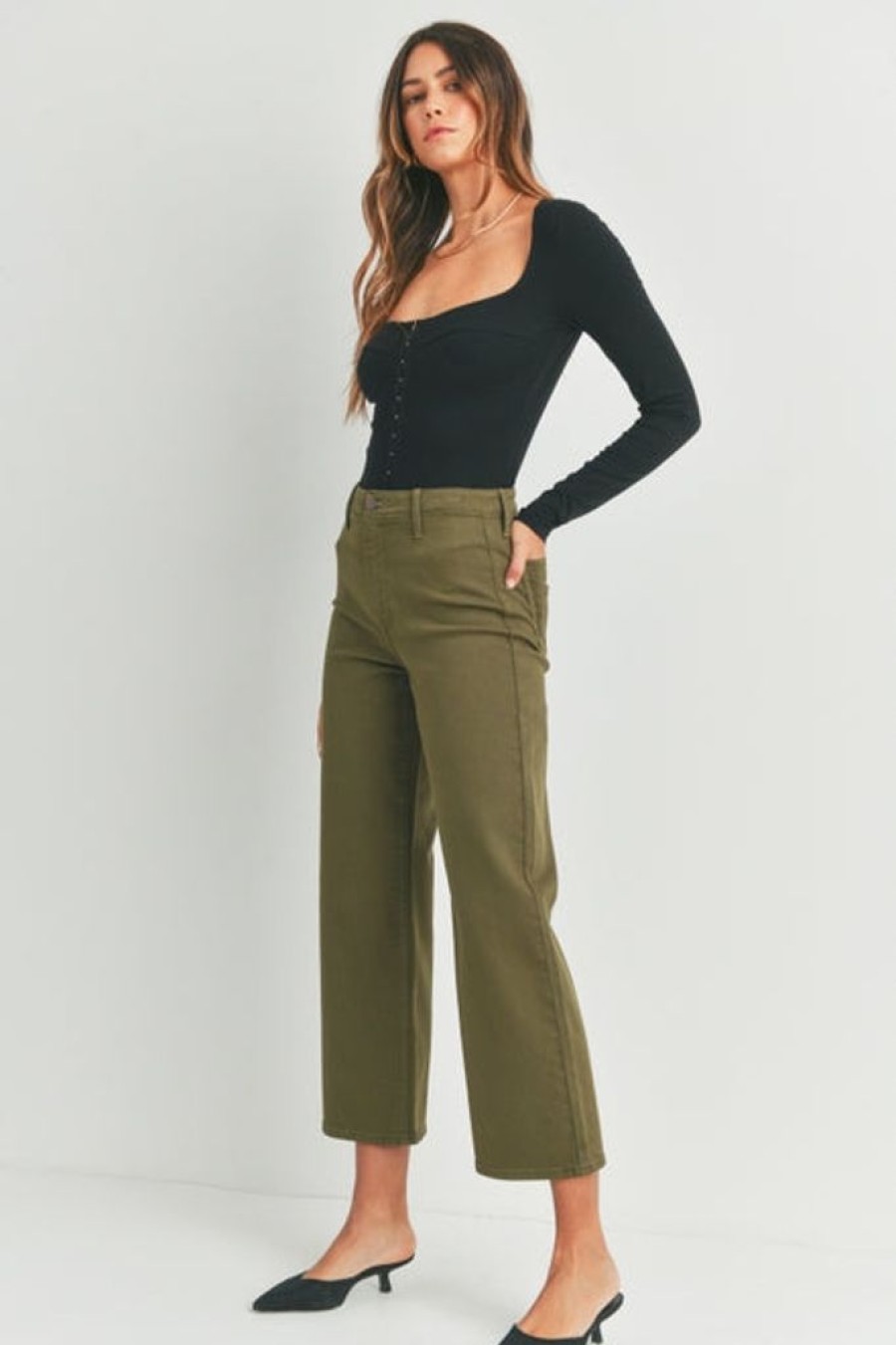 Bottoms JUST BLACK DENIM | Dark Olive Wide Leg Trouser