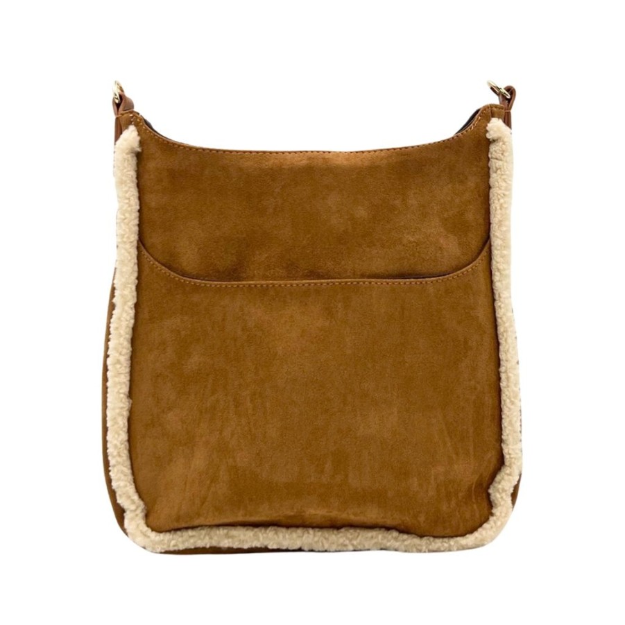 Bags AHDORNED | Camel Sherpa Trim Microsuede Crossbody W/2 Straps