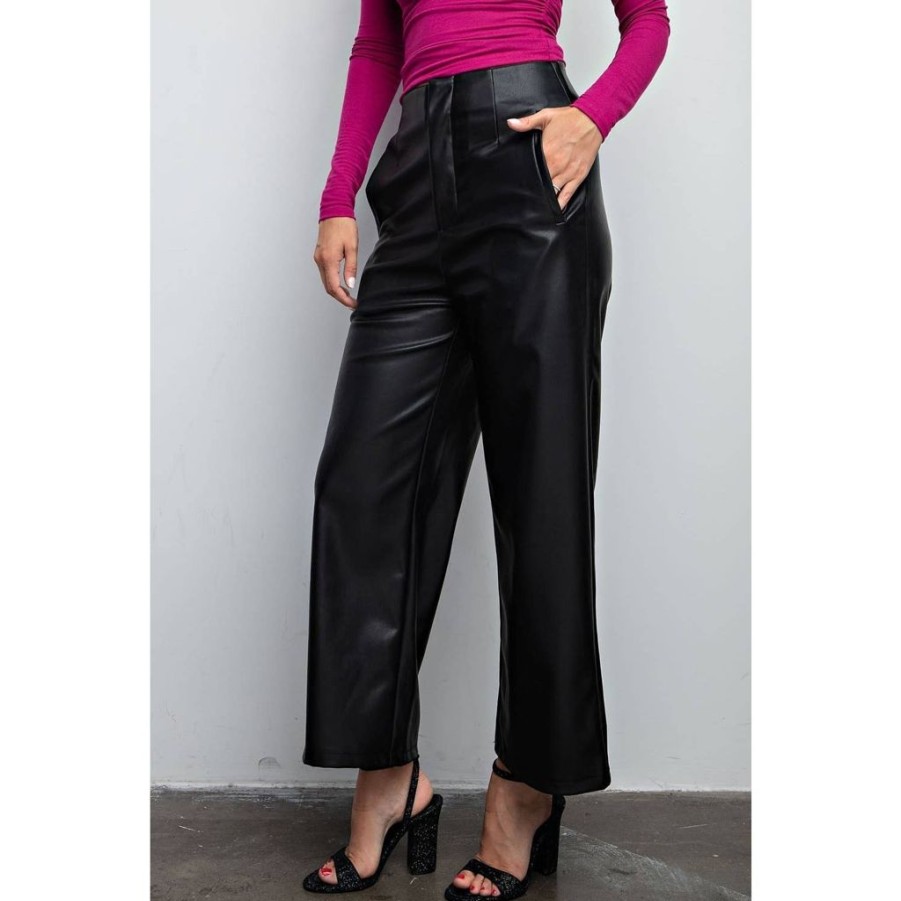 Bottoms STYLE USA | Black High Waist Wide Leg Faux Leather Pants