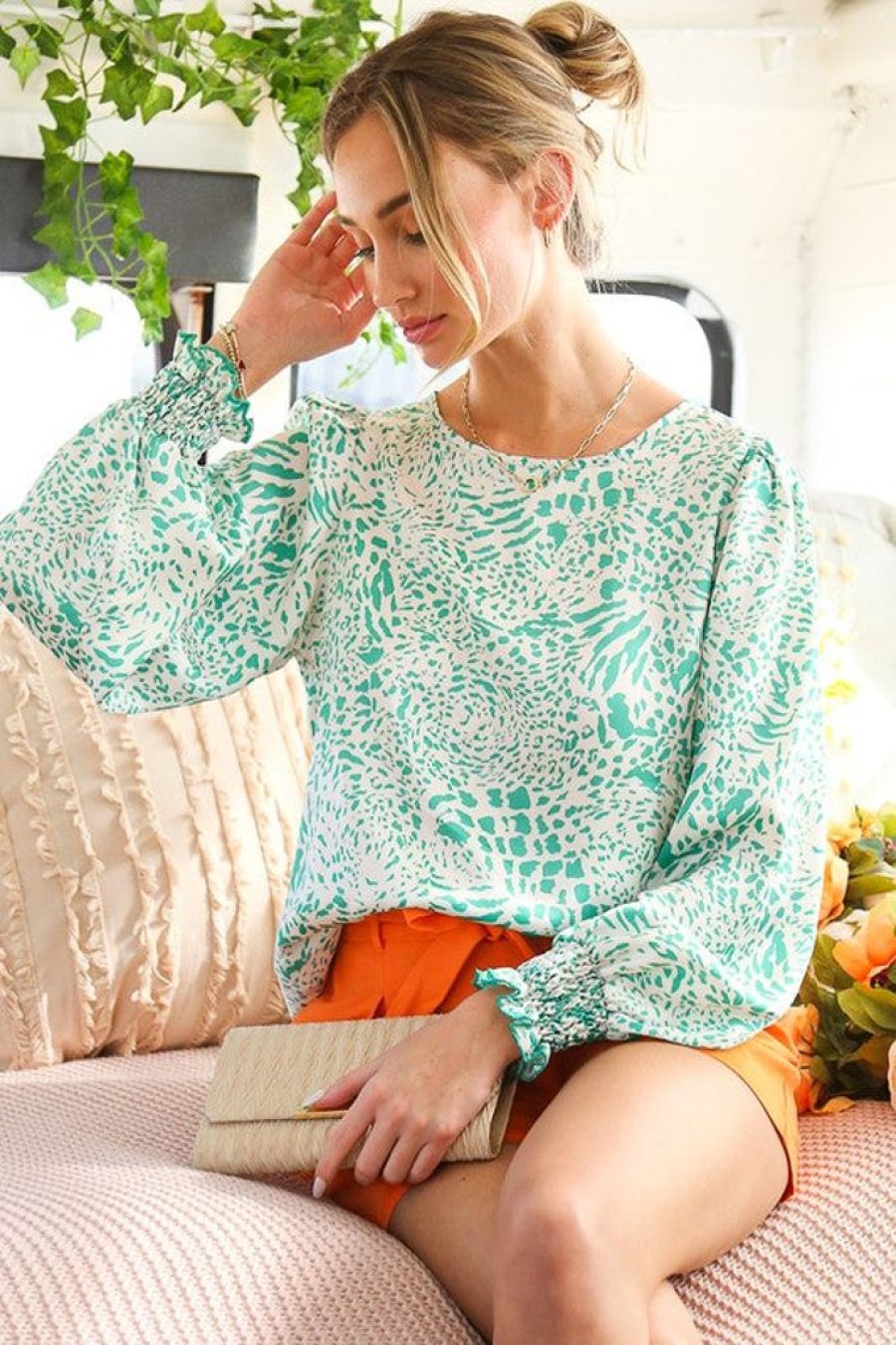 Tops Vine & Love | Light Green Animal Print Satin Top