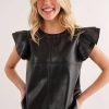 Tops Ces Femme | Black Faux Leather Ruffle Sleeve Top