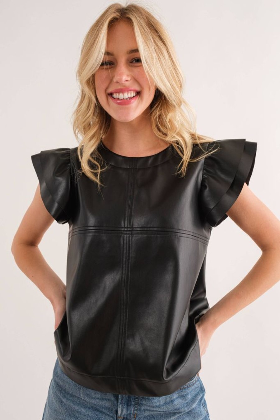 Tops Ces Femme | Black Faux Leather Ruffle Sleeve Top