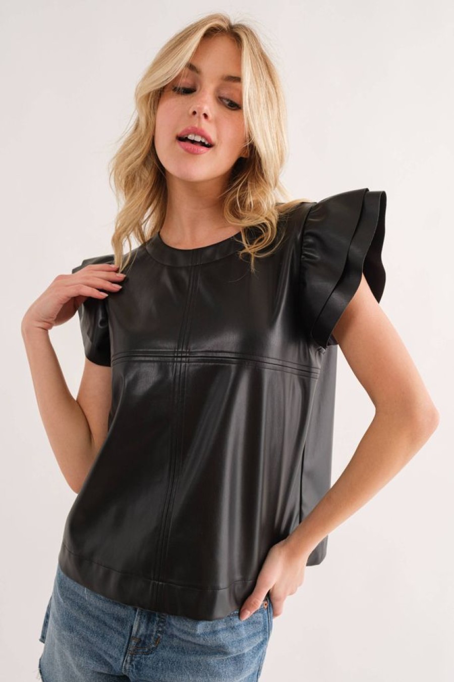 Tops Ces Femme | Black Faux Leather Ruffle Sleeve Top