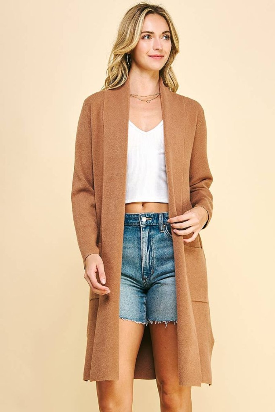 Tops PINCH | Camel Open Knit Cardigan