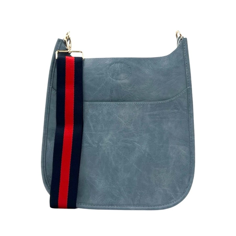 Bags AHDORNED | Denim Blue Vegan Messenger | Navy-Red Multi-Stripe Strap