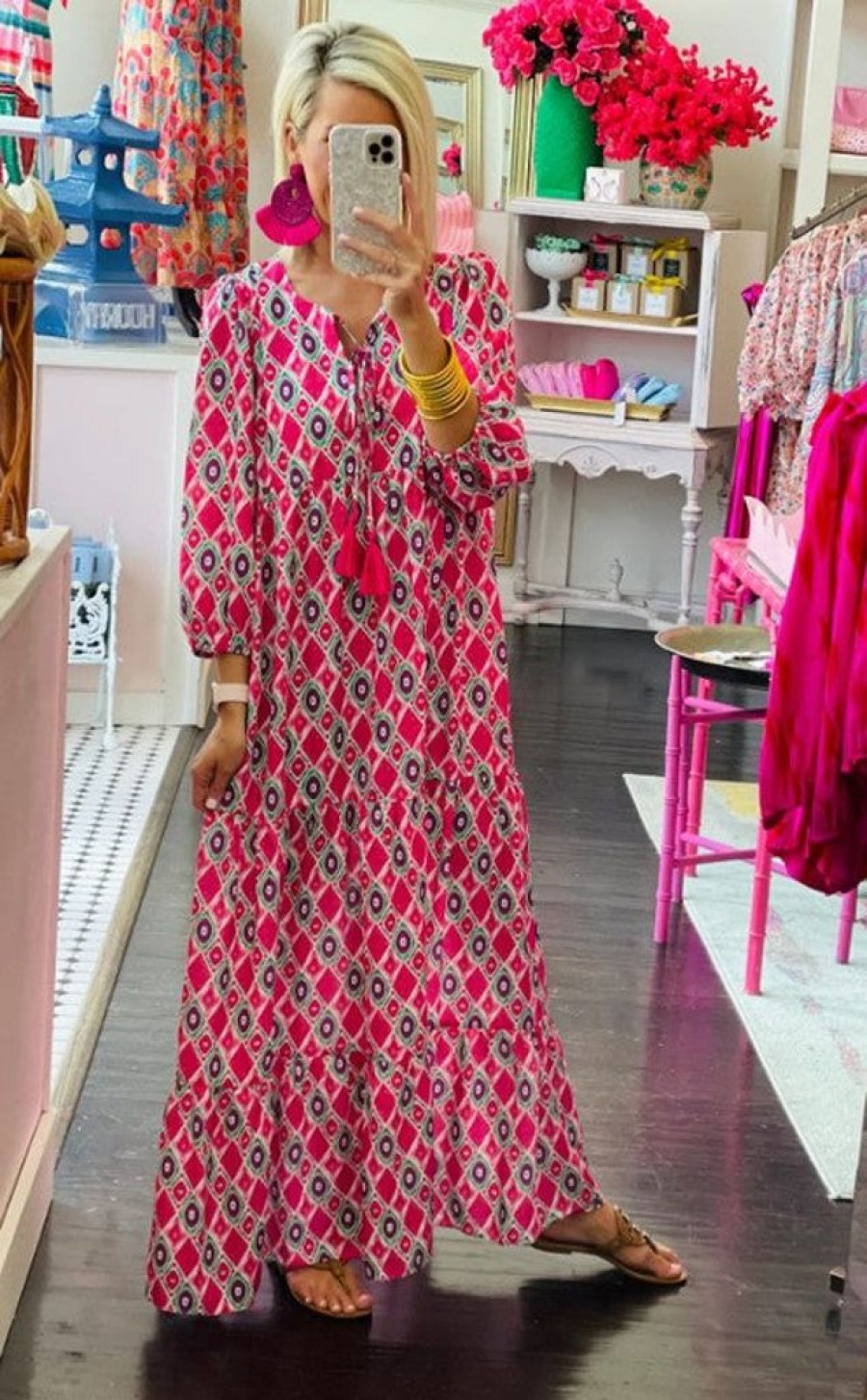 Dresses Pink Dot Styles | Lantern Sleeve Print Boho Maxi Dress