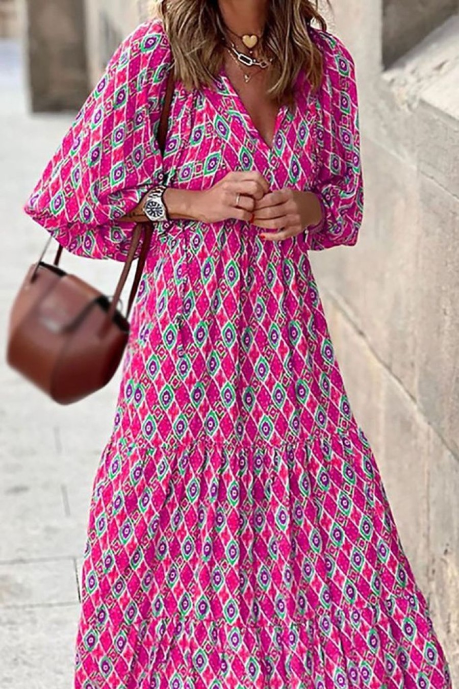 Dresses Pink Dot Styles | Lantern Sleeve Print Boho Maxi Dress