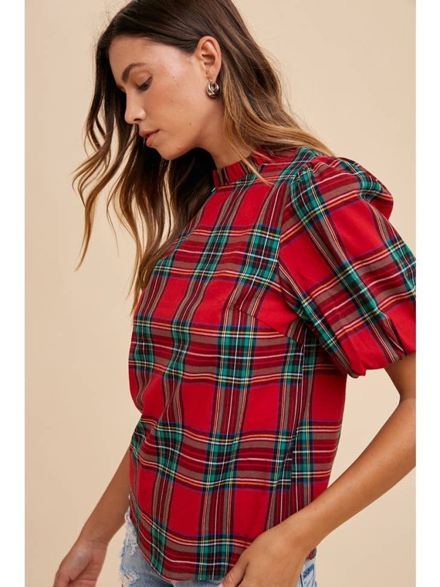 Tops anniewear | Tartan Ruffle Sleeve Blouse