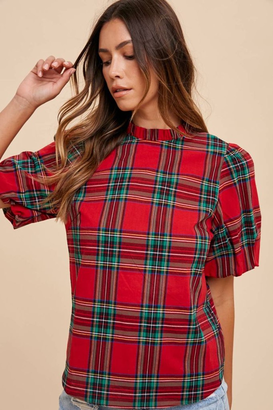 Tops anniewear | Tartan Ruffle Sleeve Blouse