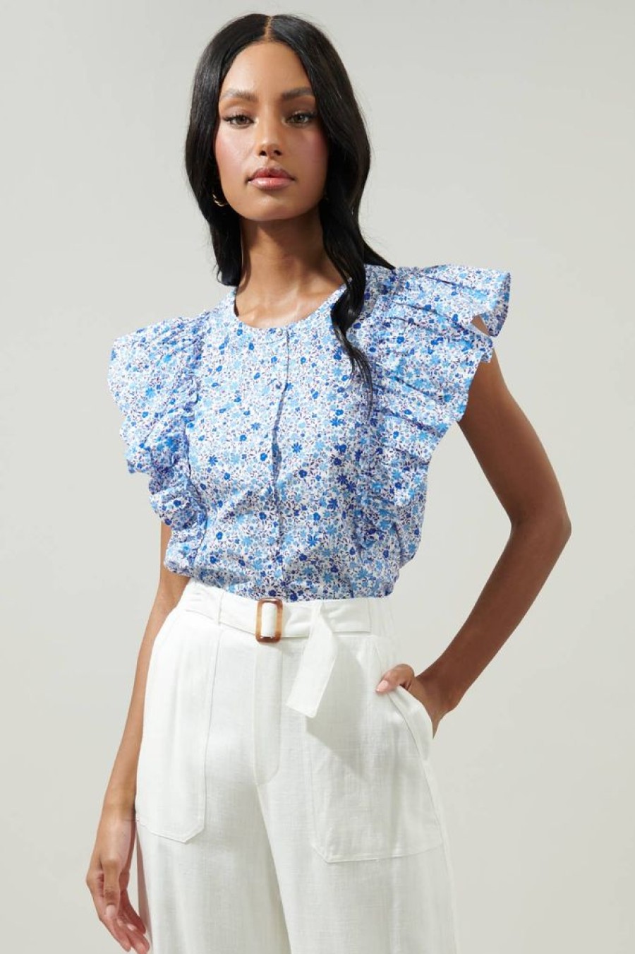 Tops Sugarlips | Carmine Floral Vance Button Front Blouse