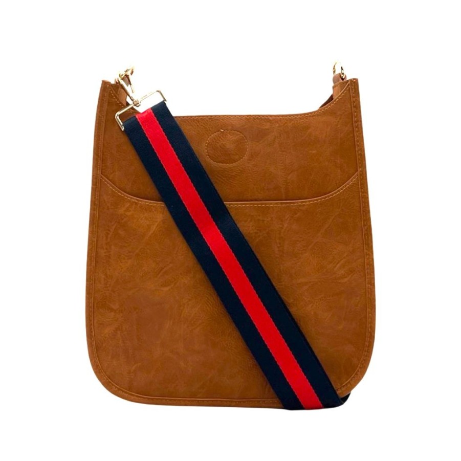 Bags AHDORNED | Camel Vegan Crossbody + Navy-Red Multi-Stripe Strap