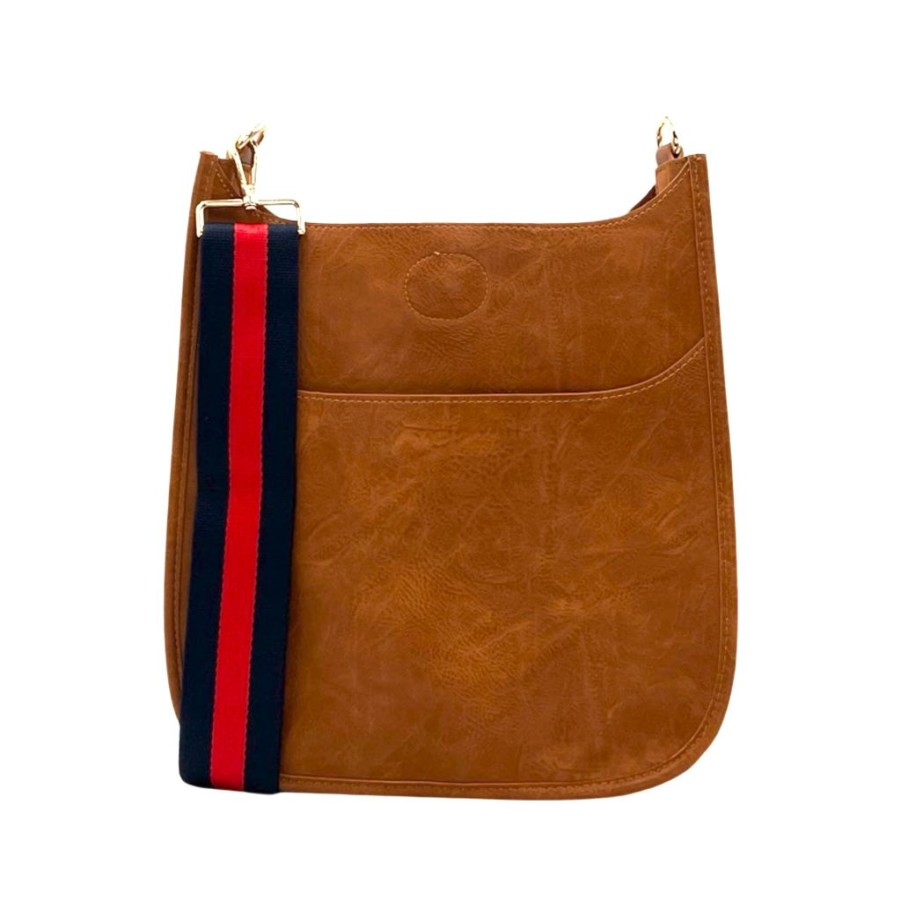 Bags AHDORNED | Camel Vegan Crossbody + Navy-Red Multi-Stripe Strap