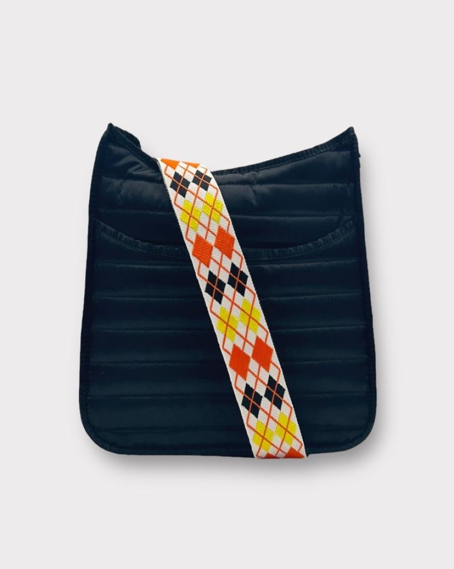 Bags AHDORNED | Everly Black | Quilted Sport Crossbody + White-Orange Argyle Strap