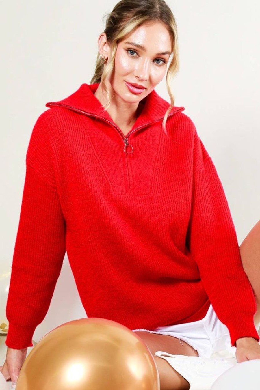 Tops Vine & Love | Red Sweater With Zipper